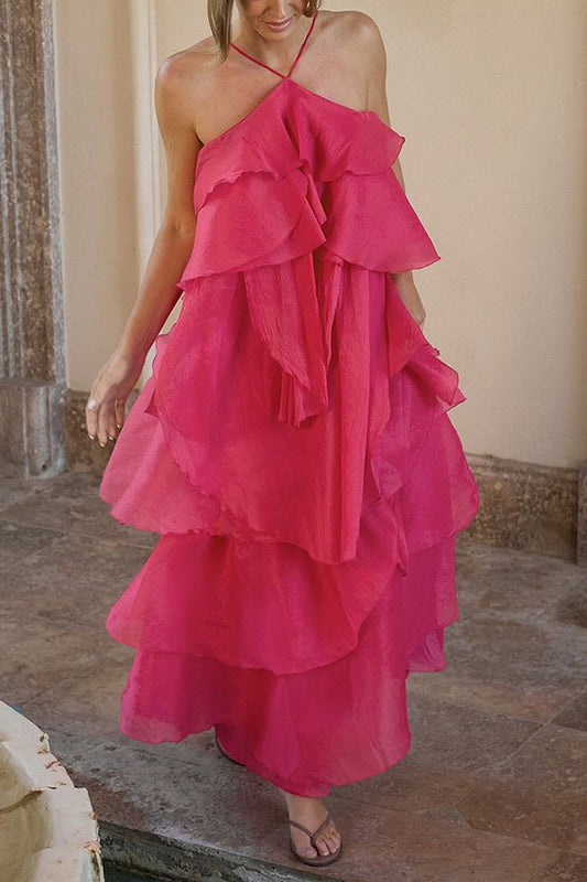 Romantic Summer Chiffon Tiered Ruffle Deep V-Back Halter A-line Maxi Design