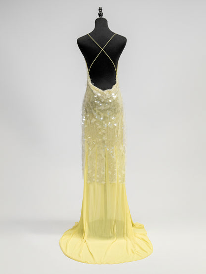 Sequin Sheer Maxi Slip Dress for Women - Butter Yellow Boho Backless V Neck Mermaid Cut Evening Gown - Summer Beach 2026