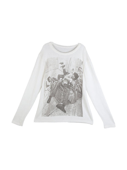 Vintage Print Ribbed Loose Long Sleeve Knit
