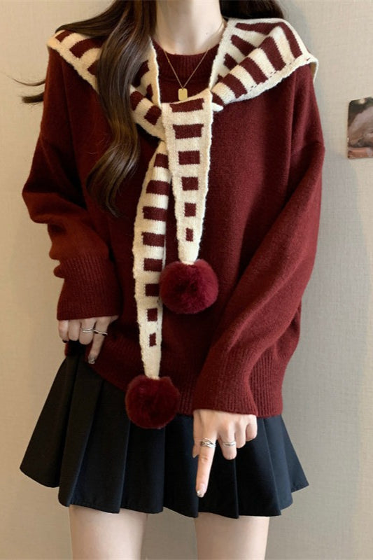 Striped Shawl Collar Pom Pom Solid Sweater