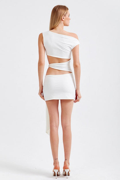 Solid Asymmetrical Neck Cutout Tie Fitted Bodycon Mini Dress