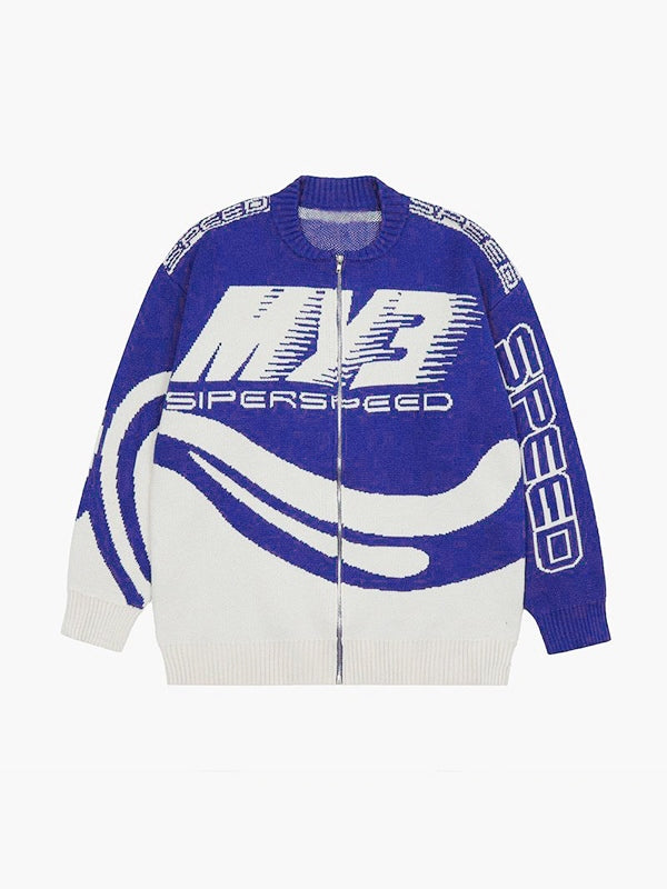 Vintage Graphic Zip Up Knit Cardigan