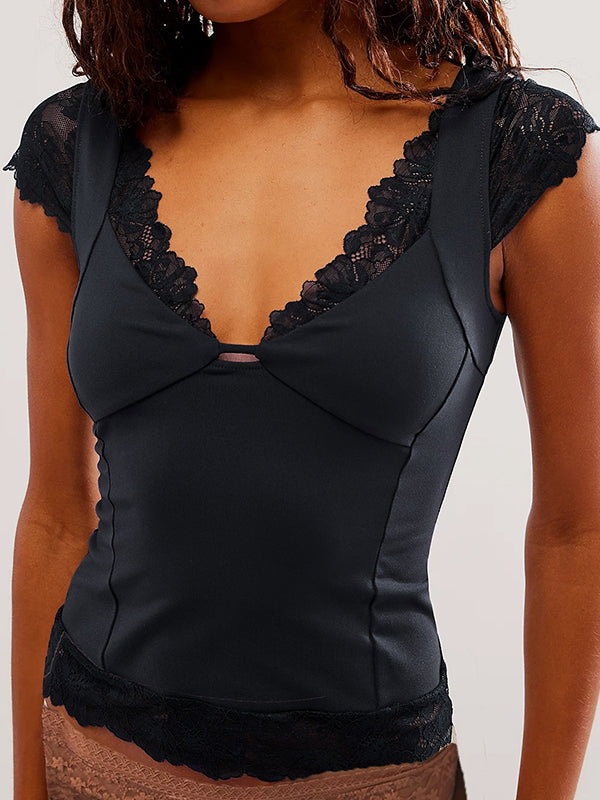 Lace Trim V Neck Short Sleeve Tee