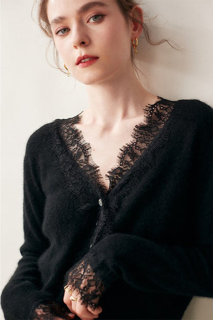 Cashmere Lace-Trimmed V-Neck Knit Cardigan