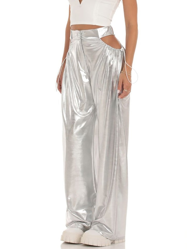 Metallic Cutout Drawstring Wide Leg Pants