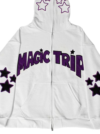 Letter Star Print Contrast Color Oversized Hoodie