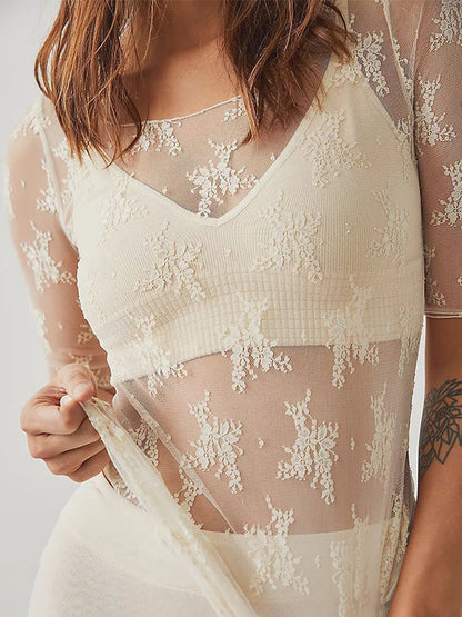 See Through Lace Crew Neck Short Sleeve Tee