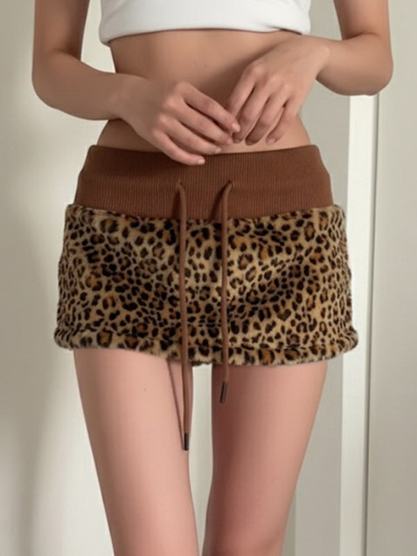 Leopard-Print Fur Patchwork Mini Skirt