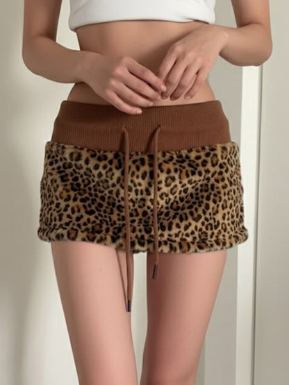 Leopard-Print Fur Patchwork Mini Skirt