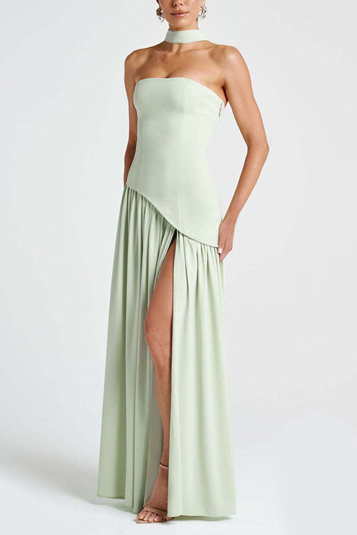  Strapless Back Lace-up High Slit Splice Maxi Dress