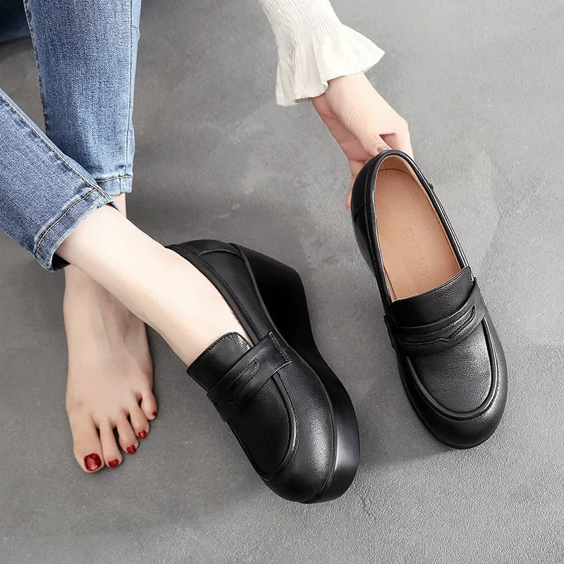 Vintage Leather Platform Wedges Black Genuine Office Fur Med Heels Loafers