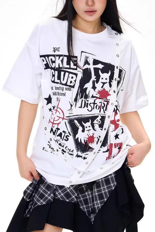 Edgy Gothic Print Loose Fit Student T-shirt