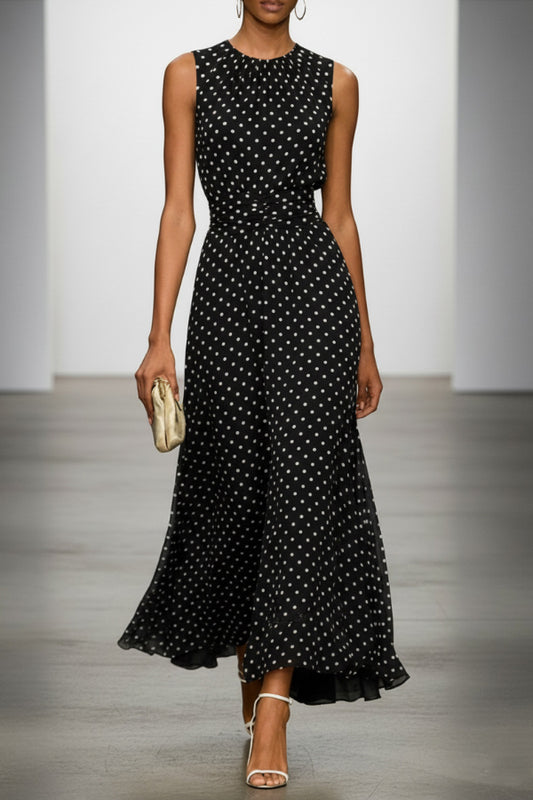 Polka Dot Print Round Neck Sleeveless Pleated Waist Casual Maxi Dress