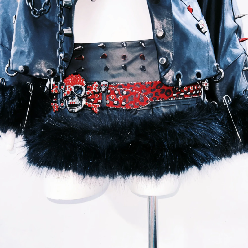 Fluffy long sleeve PU leather metal chain rivet applique top  | Festival Outfits Women