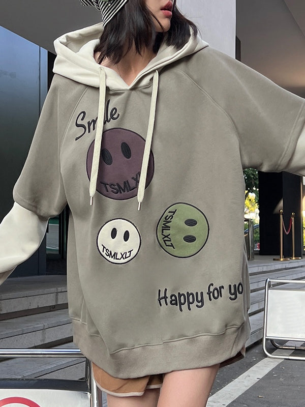 Smiling Print Splice Drawstring Oversized Hoodie