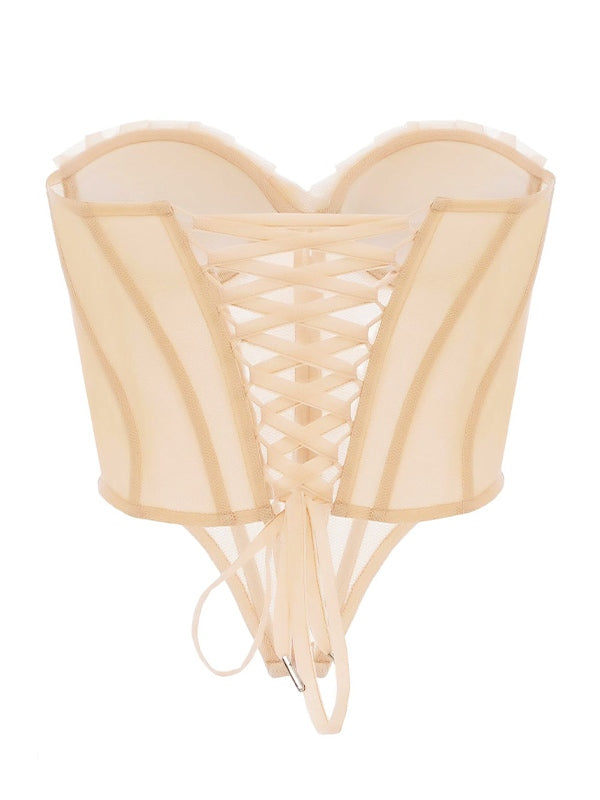 Pleated Shell Tie Back Mesh Corset Top