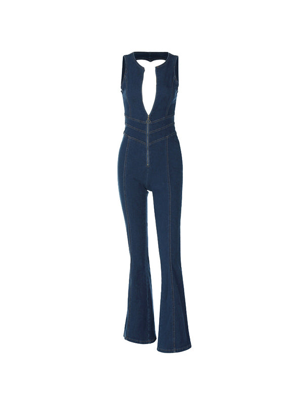 Backless Zip Up High Rise Denim Jumpsuits