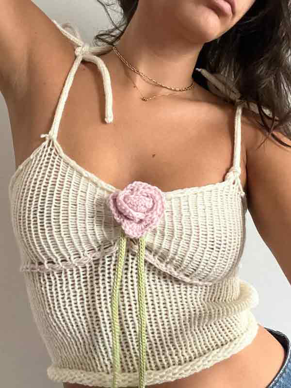 Flower Decor Backless Tie Up Crochet Cami Top