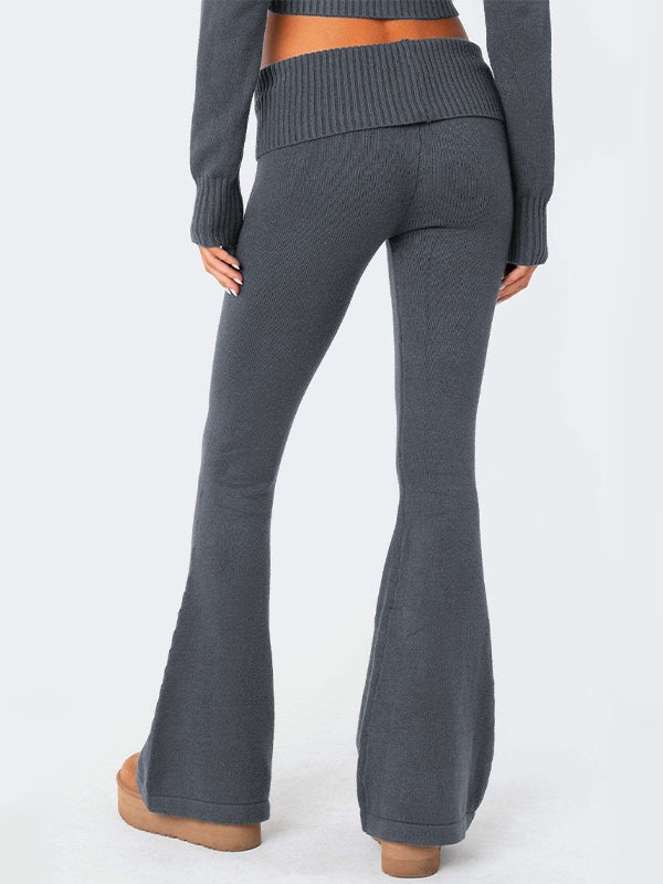Solid Knit Hoodie & Flare Leg Pants Set