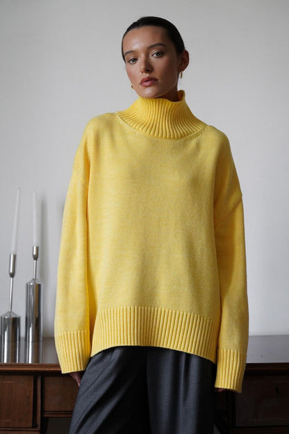 Solid High Neck Slouchy Slim-Fit Knit Sweater