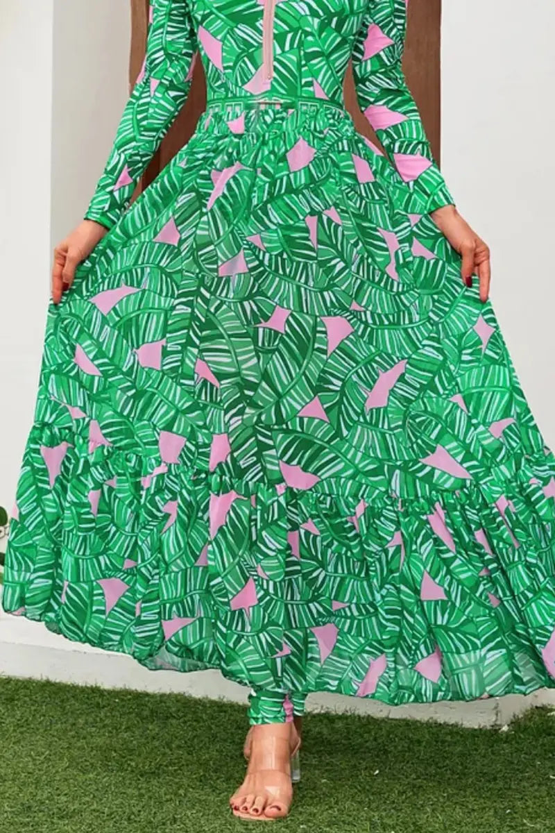 Traje de baño de surf estampado de manga larga con cremallera verde