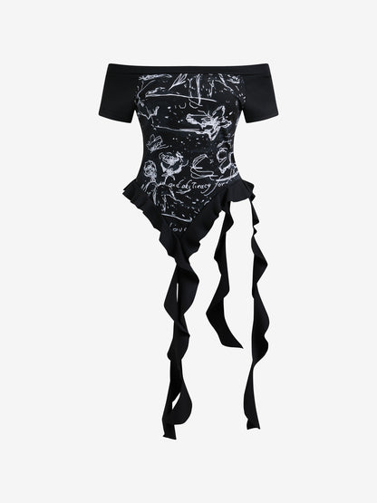 Printed Irregular Ribbon Scoop Neck T-Shirt