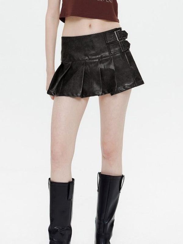 Vintage Buckle Detail Pleated Leather Mini Skirt