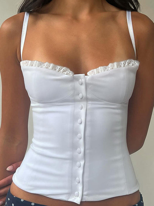 White Y2k Lace Paneled Breast-Shaped Buttons Tank Top