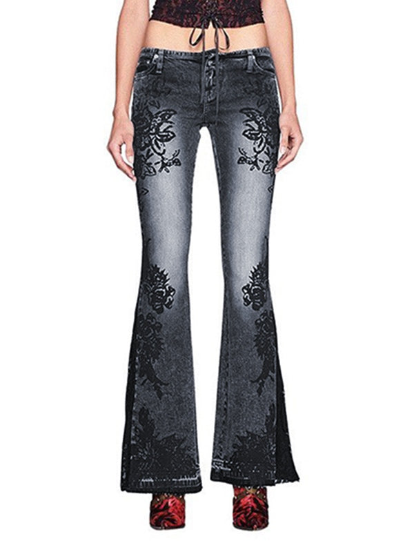 Vintage Plant Print Low Rise Flare Jeans