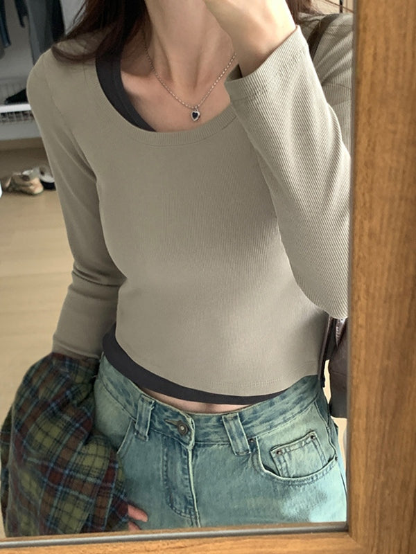 Contrast Color Fake Two Piece Long Sleeve Knit