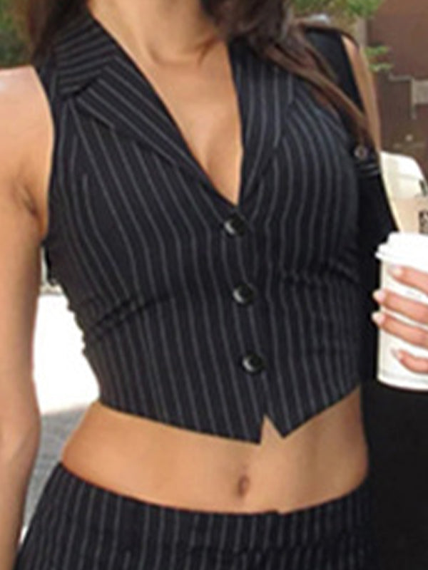 Suit Collar Button Down Stripe Tank Top