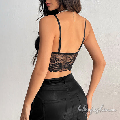 Beaded lace hem v neck backless cami top