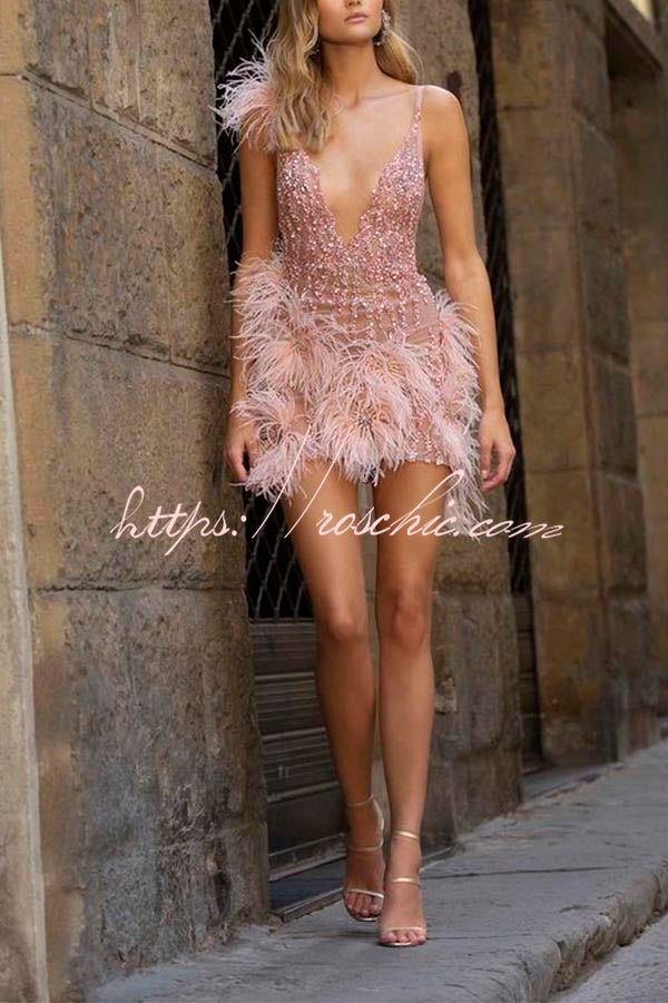 Feather Sling Deep V Neck Party Dress
