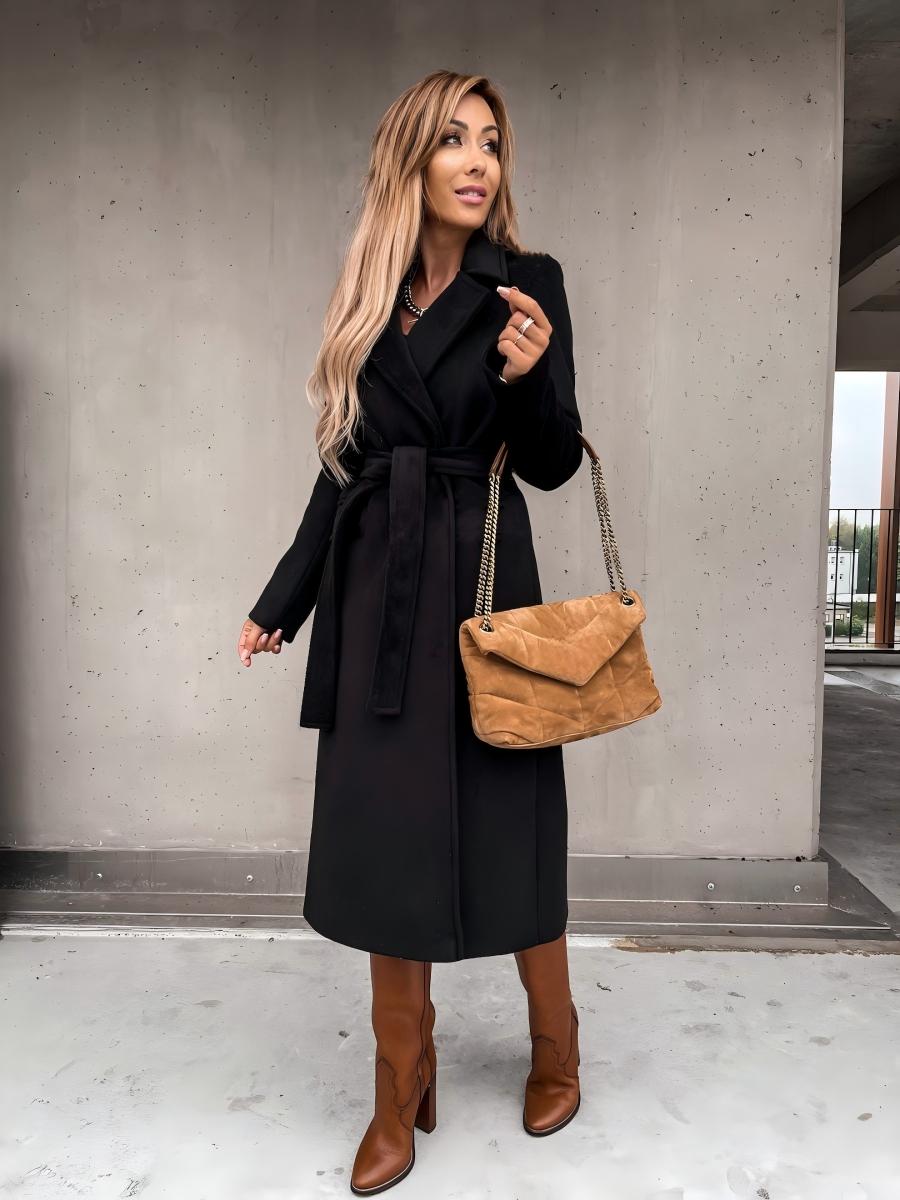 Solid Color Lapel Long Sleeve Woolen Simple Tie Coats