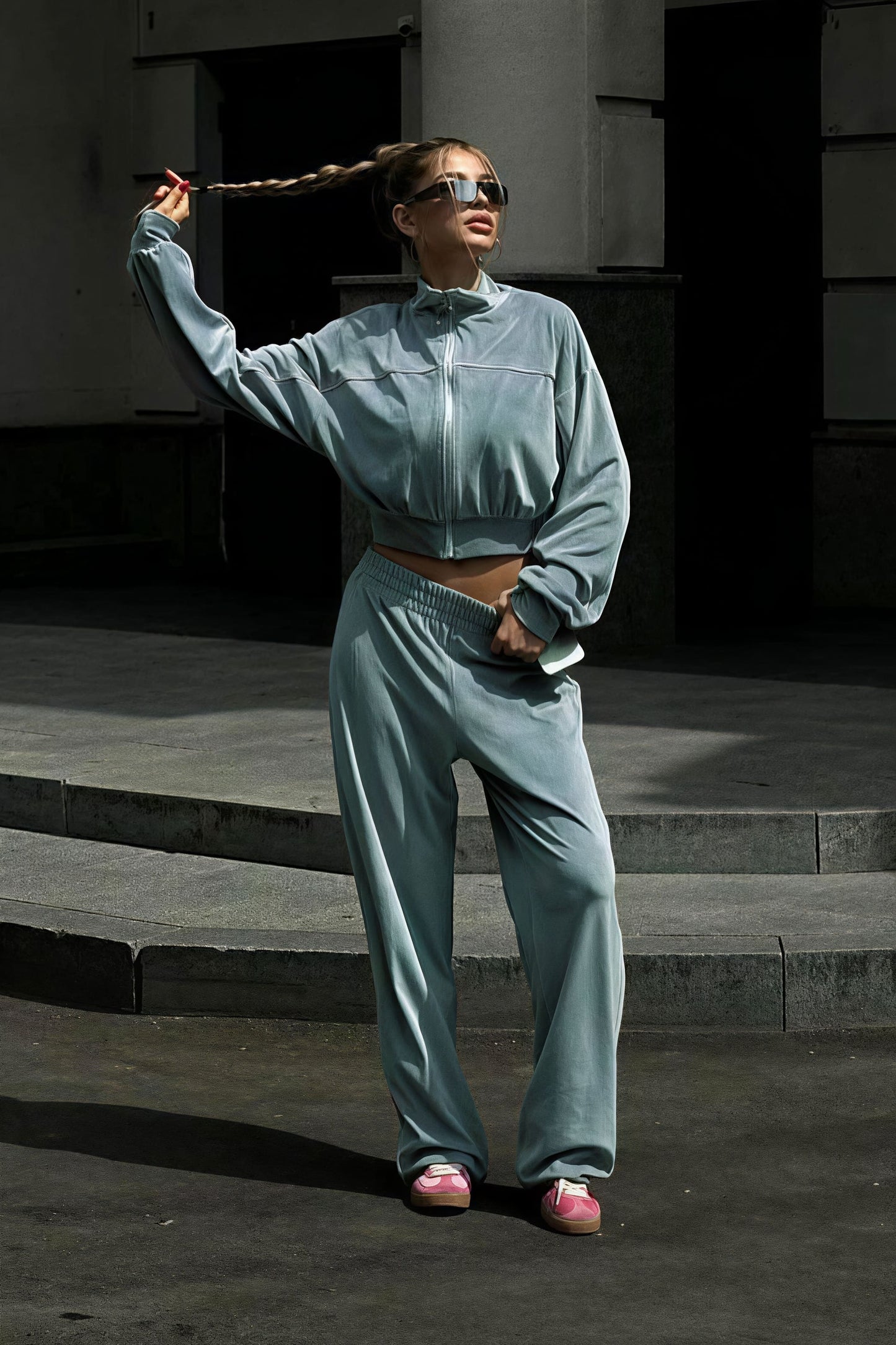 Athletic Velvet Collar Zipper Long Sleeve Two Piece Set