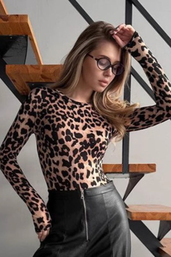 Knit Leopard Print Crew Neck Slim Long Sleeve Bodysuit