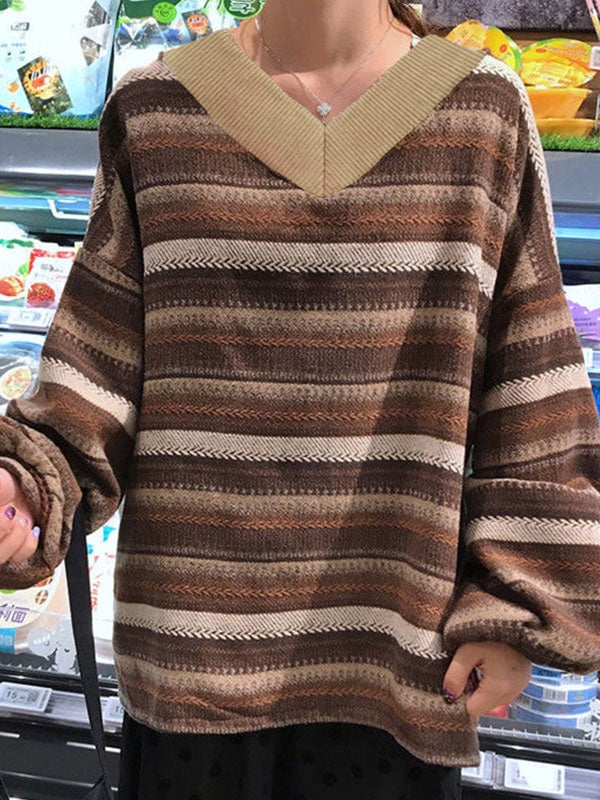 V Neck Striped Knit Sweater
