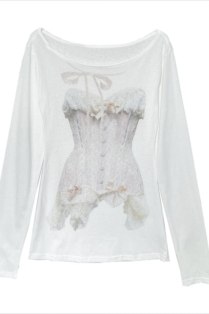 Sweet Hot Corset Printed Casual Long Sleeve T-shirt