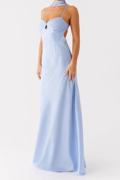 Satin V-Neck Tie-Back Maxi Luxury Party Dress