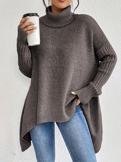Jersey holgado de cuello alto con bajo asimétrico para mujer | Ideal para otoño/invierno