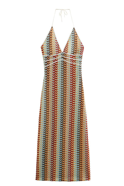 Playful Colorful Knit Holiday Style Halter Neck Maxi Dress