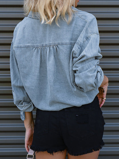 Vintage Dual Pocket Drawstring Denim Blouses&Shirts