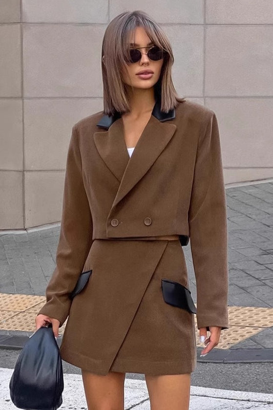 Brown Tweed Two Piece Blazer Skirt Set
