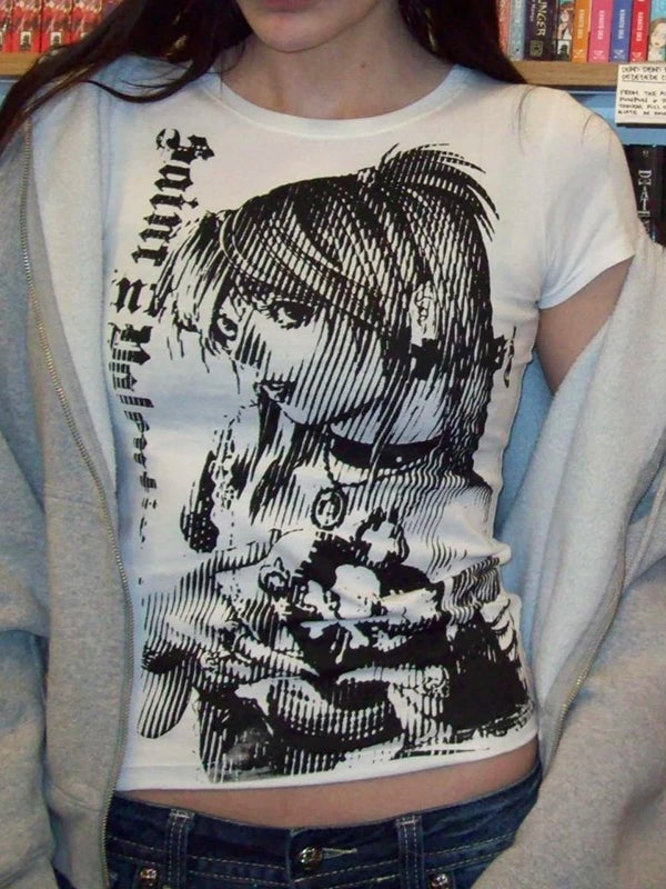 Gothic Anime Print Cropped Short Sleeve T-shirt