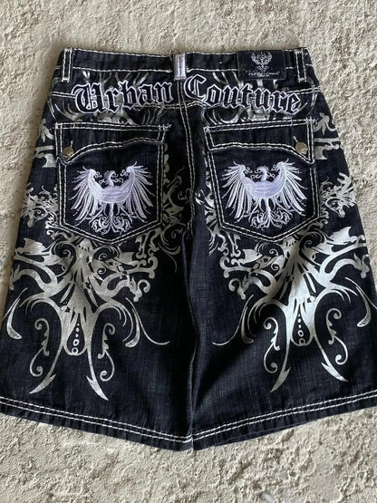 Y2K Pattern Print Loose Denim Shorts