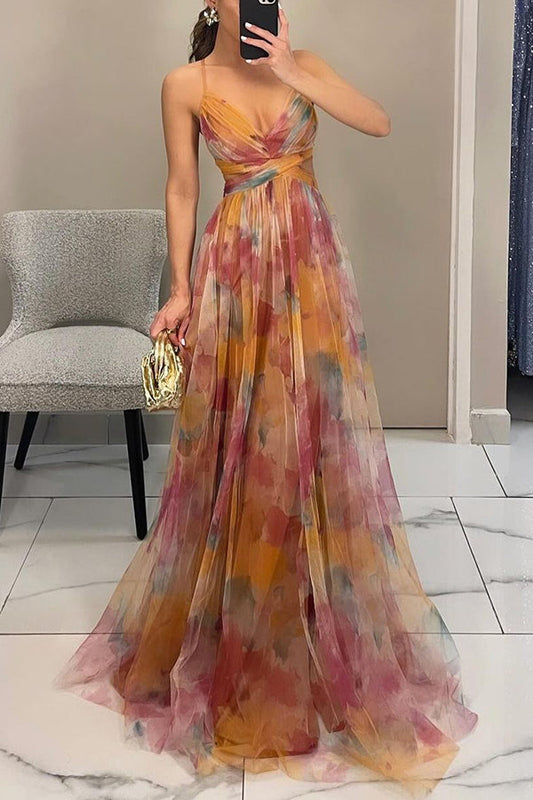 Ladies' summer princess chiffon printed hollow sexy waist and back lace up long dress