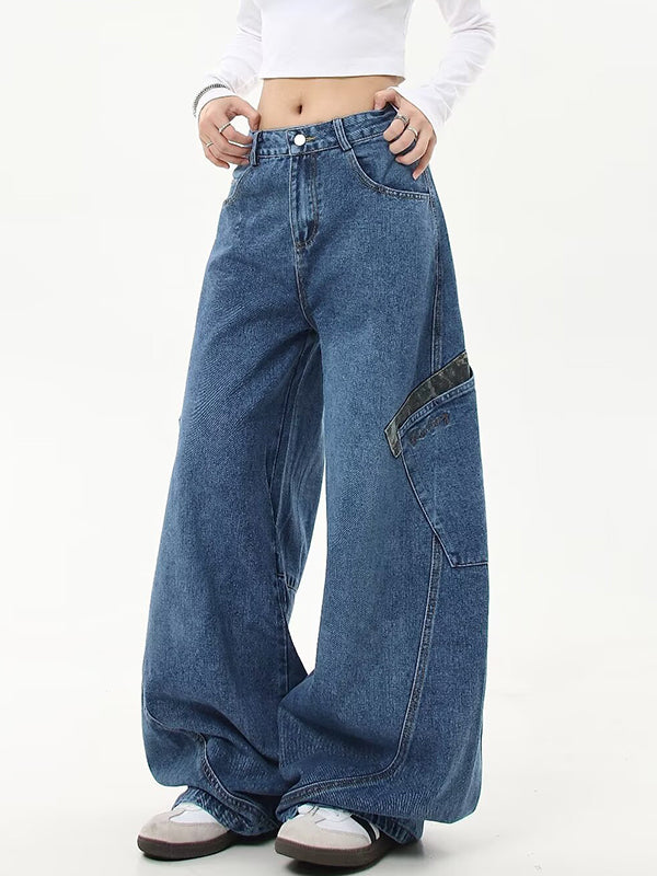 American Retro Leopard Print Stitching Boyfriend Jeans