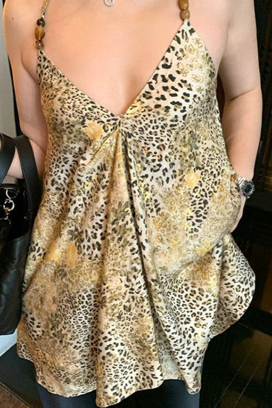Leopard Print Beaded Irregular V-neck Chiffon Cami Top