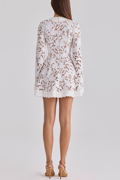 Bianca Lace Floral Pattern Lace Trim Tie-up V-neck Long Sleeve Mini Dress