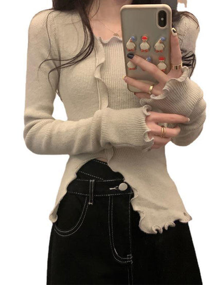 Irregular design ruffled hem sweater